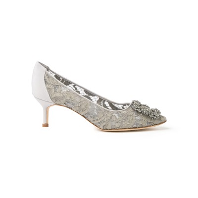 Hangisi 5cm Mgrey Lace Jewel Buckle Pumps