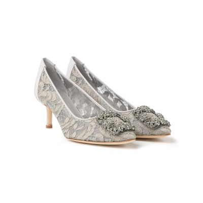 Hangisi 5cm Mgrey Lace Jewel Buckle Pumps