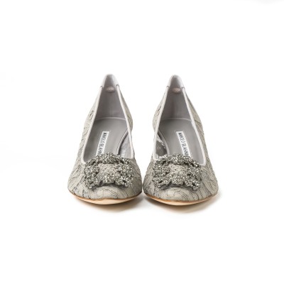 Hangisi 5cm Mgrey Lace Jewel Buckle Pumps