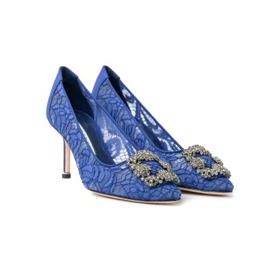 Hangisi 7cm Blue Lace Jewel Buckle Pumps