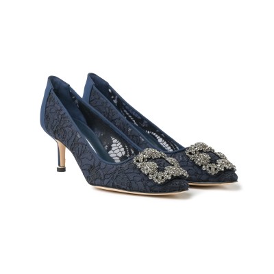 Hangisi 5cm Navy Lace Jewel Buckle Pumps