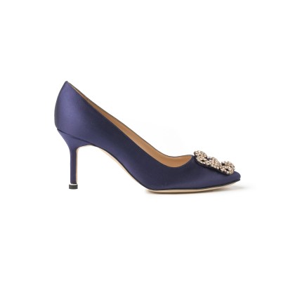 Hangisi Pumps 7cm Satin in Navy with Lsmor Crystal Buckle