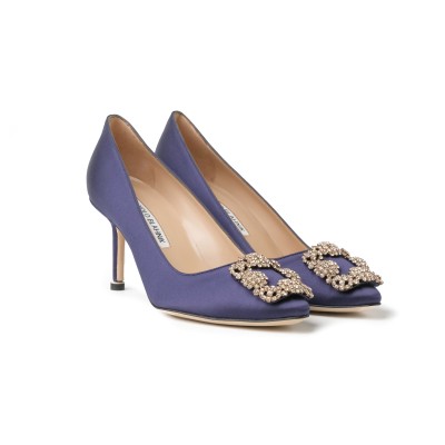 Hangisi Pumps 7cm Satin in Navy with Lsmor Crystal Buckle