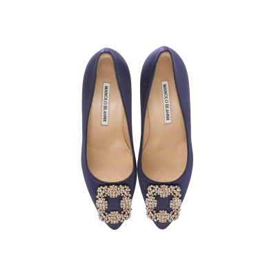 Hangisi Pumps 7cm Satin in Navy with Lsmor Crystal Buckle