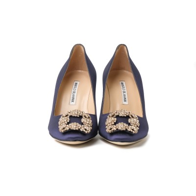 Hangisi Pumps 7cm Satin in Navy with Lsmor Crystal Buckle