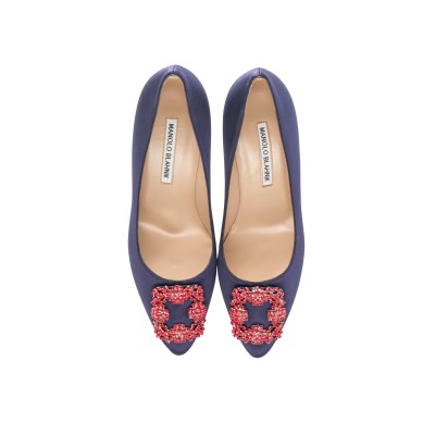 Hangisi 7cm Navy Satin Jewel Buckle With Red Crystals Pumps