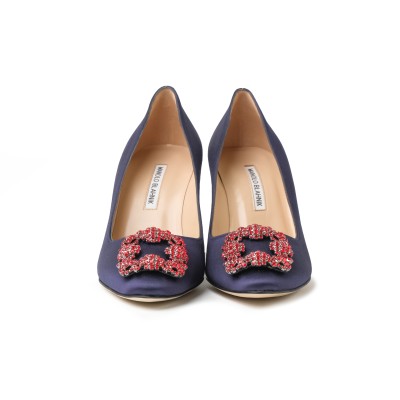 Hangisi 7cm Navy Satin Jewel Buckle With Red Crystals Pumps