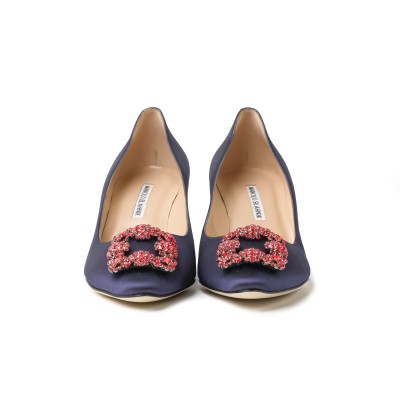 Hangisi 5cm Navy Satin Jewel Buckle With Red Crystals Pumps