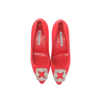 Hangisi 7cm Bright Red GrosGrain Jewel Buckle Pumps