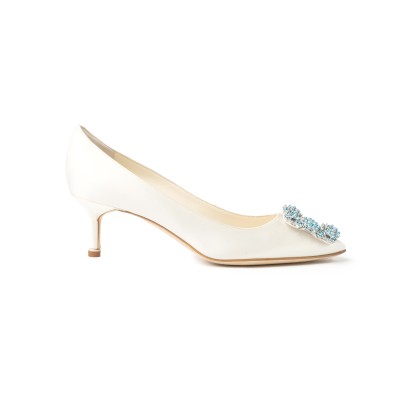 Hangisi 5cm White Satin Jewel Buckle With Light Blue Crystals Pumps