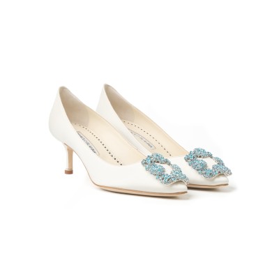 Hangisi 5cm White Satin Jewel Buckle With Light Blue Crystals Pumps