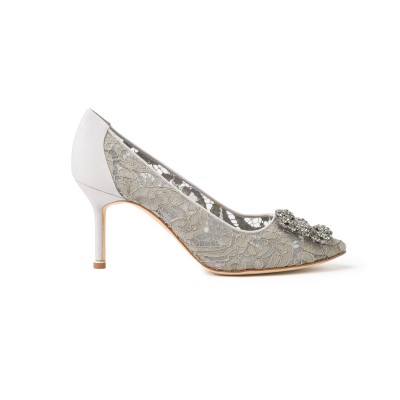 Hangisi 7cm Mgrey Lace Jewel Buckle Pumps