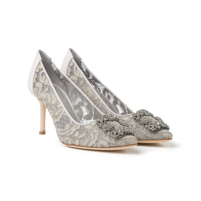 Hangisi 7cm Mgrey Lace Jewel Buckle Pumps