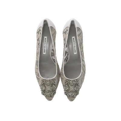 Hangisi 7cm Mgrey Lace Jewel Buckle Pumps