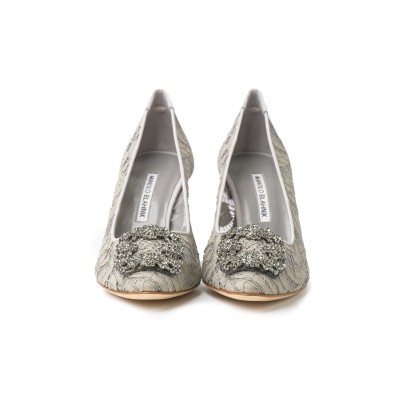 Hangisi 7cm Mgrey Lace Jewel Buckle Pumps