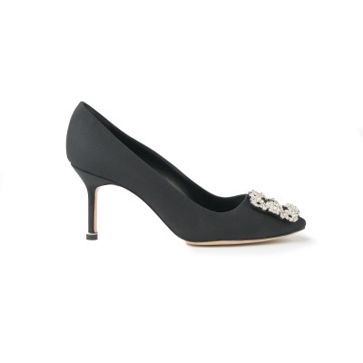 Hangisi 7cm Black Grosgrain Crystal Buckle Pumps