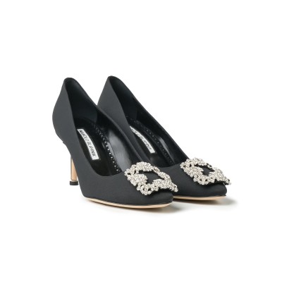 Hangisi 7cm Black Grosgrain Crystal Buckle Pumps