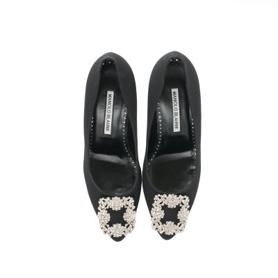 Hangisi 7cm Black Grosgrain Crystal Buckle Pumps