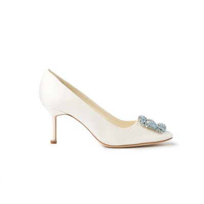 Hangisi 7cm White Satin Jewel Buckle With Light Blue Crystals Pumps