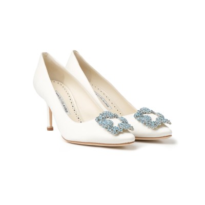 Hangisi 7cm White Satin Jewel Buckle With Light Blue Crystals Pumps