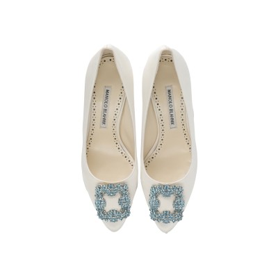 Hangisi 7cm White Satin Jewel Buckle With Light Blue Crystals Pumps