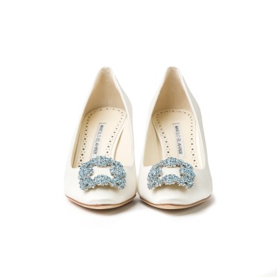 Hangisi 7cm White Satin Jewel Buckle With Light Blue Crystals Pumps