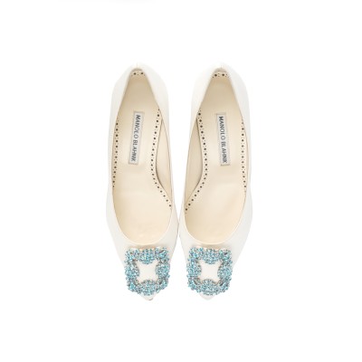 Hangisi 5cm White Satin Jewel Buckle With Light Blue Crystals Pumps