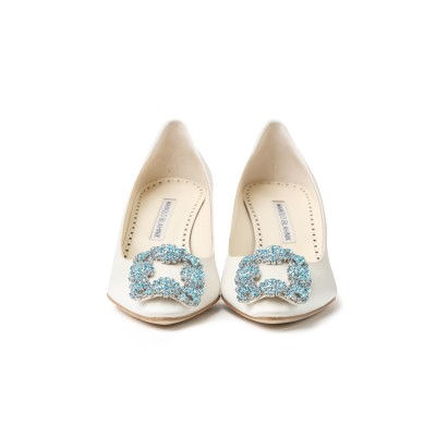 Hangisi 5cm White Satin Jewel Buckle With Light Blue Crystals Pumps