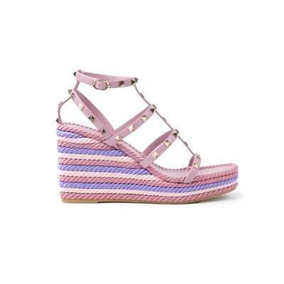 Rockstud Calfskin Wedges Sandal Misty Mauve Multicolor