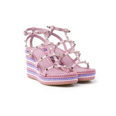 Rockstud Calfskin Wedges Sandal Misty Mauve Multicolor