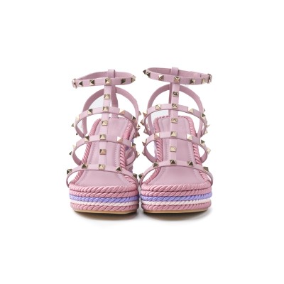 Rockstud Calfskin Wedges Sandal Misty Mauve Multicolor