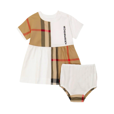 Kids Dress Check Panel Cotton With Bloomers White Archive Beige