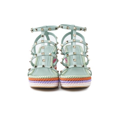 Rockstud Calfskin Wedges Sandal Morning Dew/Opal Grey Multicolor