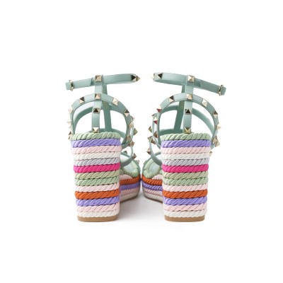 Rockstud Calfskin Wedges Sandal Morning Dew/Opal Grey Multicolor