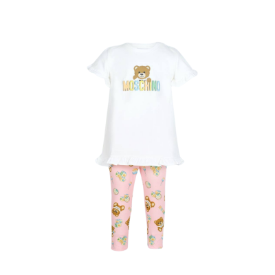 Baby 1Set Tshirt White And Pants Pink All Over Teddy Toy Multicolor