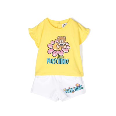 Baby 1Set Tshirt Yellow And Short Pants White Teddy Bear Flower Logo