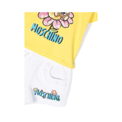 Baby 1Set Tshirt Yellow And Short Pants White Teddy Bear Flower Logo