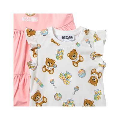 Baby 1Set Tshirt All Over Teddy Toy White And Dress Co-Ord Pink