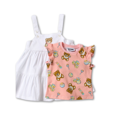 Baby 1Set Tshirt All Over Teddy Toy Peach And Dress Co-Ord White