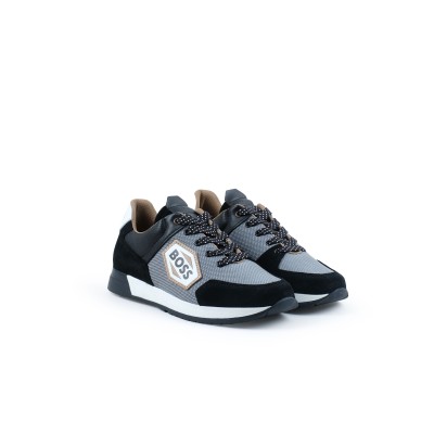 Kids Low Top Sneakers Suede Black Grey With Logo