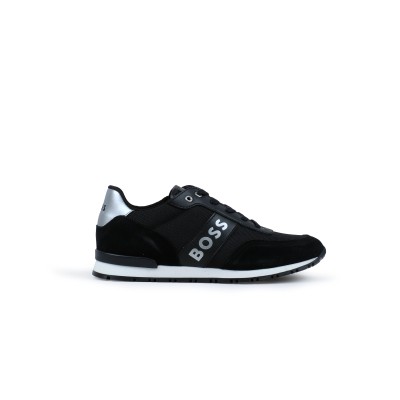 Kids Lace Up Sneakers Black With Logo Silver