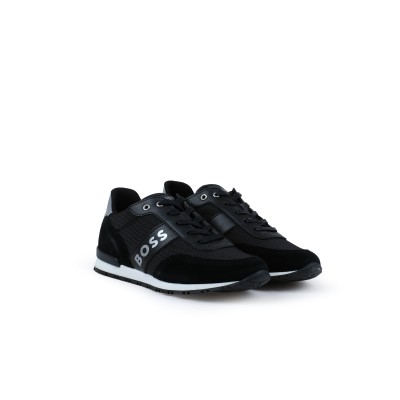 Kids Lace Up Sneakers Black With Logo Silver