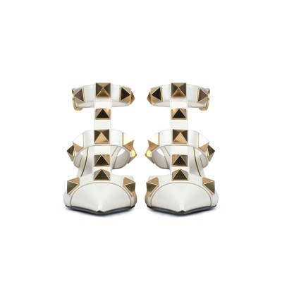 Roman Stud 8.5cm Light Ivory Leather Caged Mules