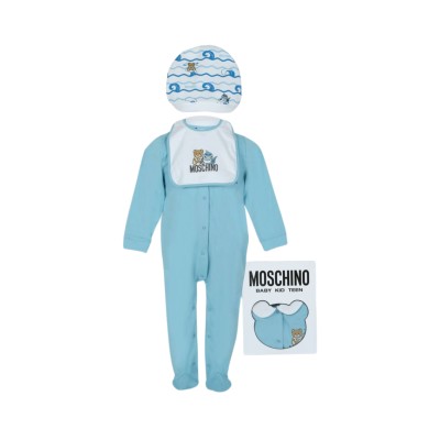 Baby 1Set Onesie Ocean Teddy Bear Light Blue Hat And Bib Co-ord