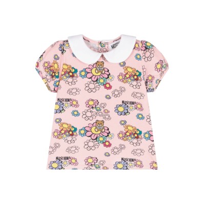 Baby Tshirt Teddy Toy Motif Flowers Pink Multicolor