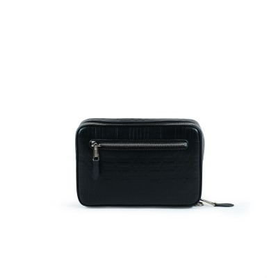 Embossed Check Leather Zip Pouch Black