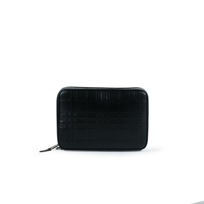 Embossed Check Leather Zip Pouch Black