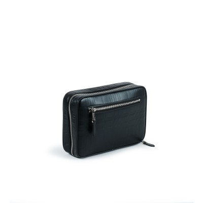 Embossed Check Leather Zip Pouch Black