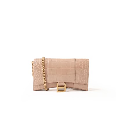 Hourglass Wallet On Chain Croco in Light Nude Beige GHW