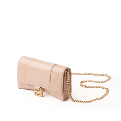 Hourglass Wallet On Chain Croco in Light Nude Beige GHW